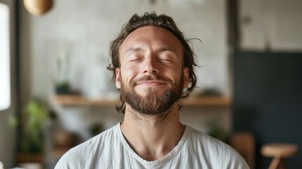 Obraz premium Confident male practitioner meditating in wellness studio enjoying tranquility and mindfulness in a serene healing environment