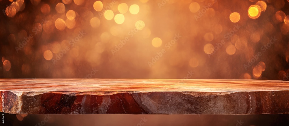 Poster brown wooden tabletop with blurred warm bokeh background ideal for showcasing products and creating 