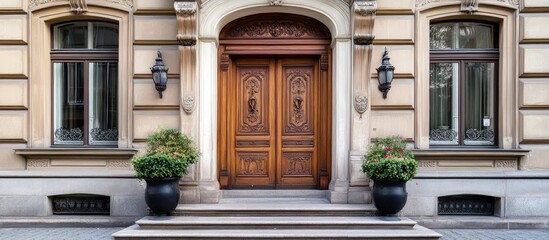 Fototapeta premium Elegant wooden entrance door with intricate carvings framed by lush plants and stylish lamps enhancing a sophisticated entryway design