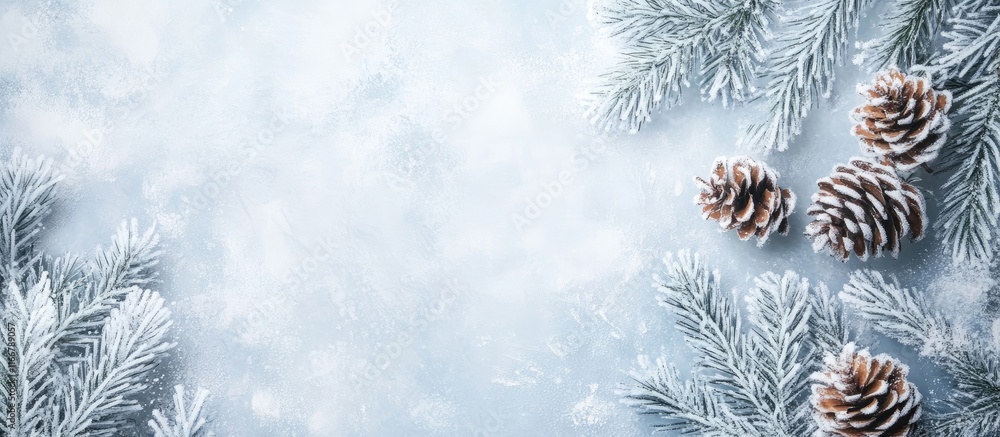 Poster winter-themed table setting background with frosty accents featuring pinecones and evergreen branche