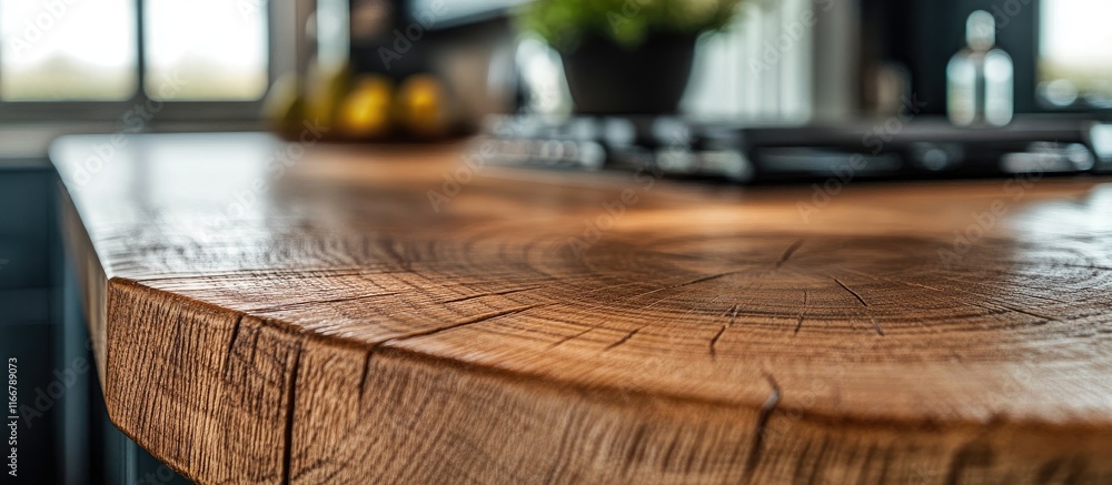 Aufkleber rustic wood countertop showcasing intricate grain patterns with a softly blurred minimalist kitchen 