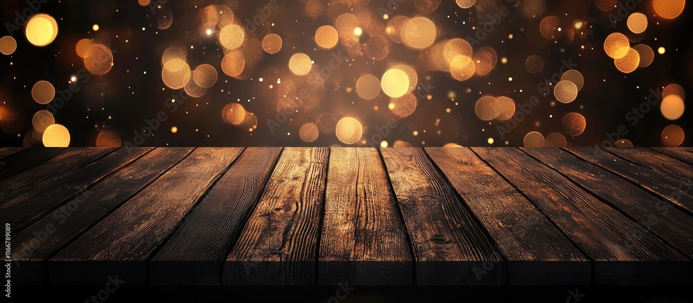 Poster empty wooden table with blurred bokeh background ideal for showcasing products in montages and adver