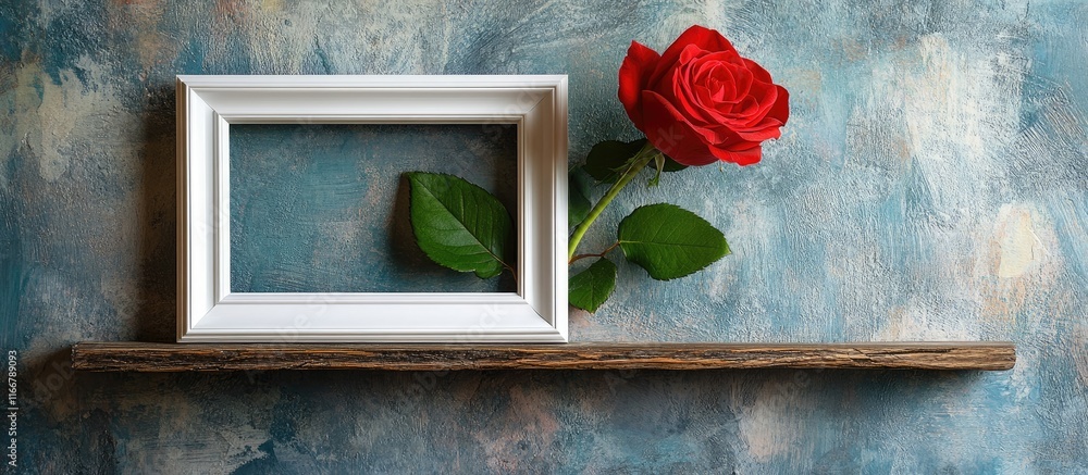 Aufkleber elegant white photo frame with a red rose on a rustic shelf against a textured wall creating a charm