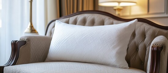 Luxurious white pillow on a stylish sofa in a beautifully designed room with elegant furnishings and warm lighting ambiance