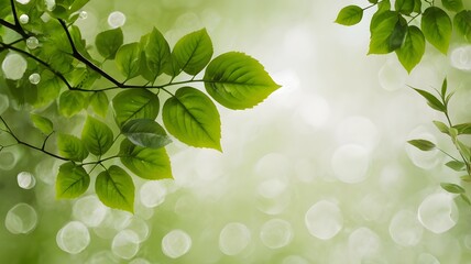 green leaves on a branch with eco friendly background for web banner, ads, post, presentation concept, template copy/text space
