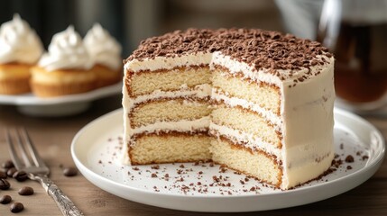 Delicious Italian Coffee Cake with Cream Frosting and Chocolate Shavings Served on a Plate in a Cozy Cafe Setting