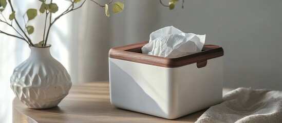 Stylish white tissue box with a wooden lid for enhancing home decor and maintaining organization in modern interiors