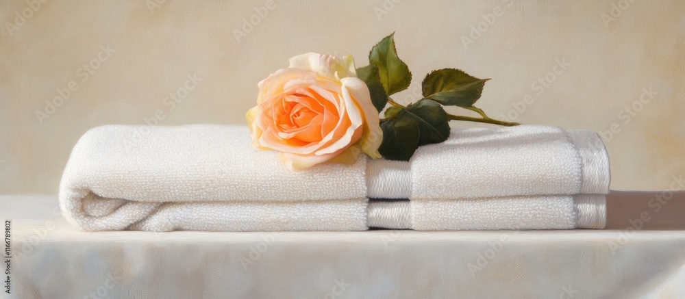 Aufkleber sophisticated display of neatly folded white towels elegantly complemented with a soft rose on a ser