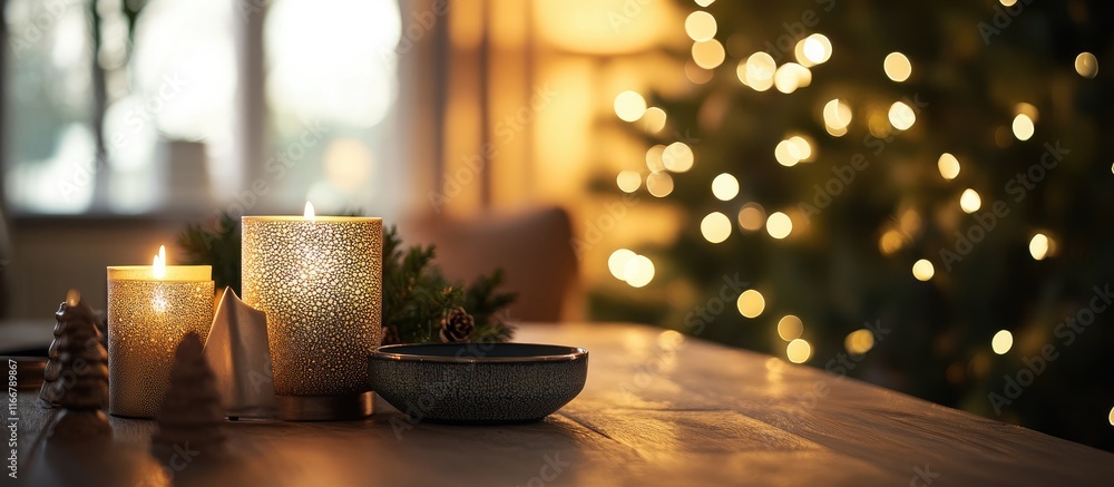 Poster elegant tabletop with candles and decorative items softly illuminated by bokeh lighting, creating a 