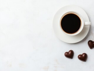 Obraz premium A cozy cup of black coffee beside heart-shaped chocolates, set against a minimalist background, perfect for a romantic treat.