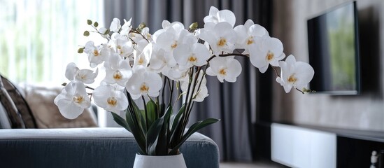 Sophisticated white artificial orchids in contemporary living room showcasing modern home decor elegance and inspiration