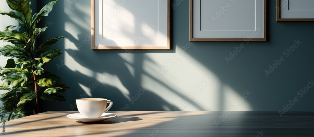 Poster modern workspace with a cup of coffee and empty picture frames on a softly illuminated wall creating