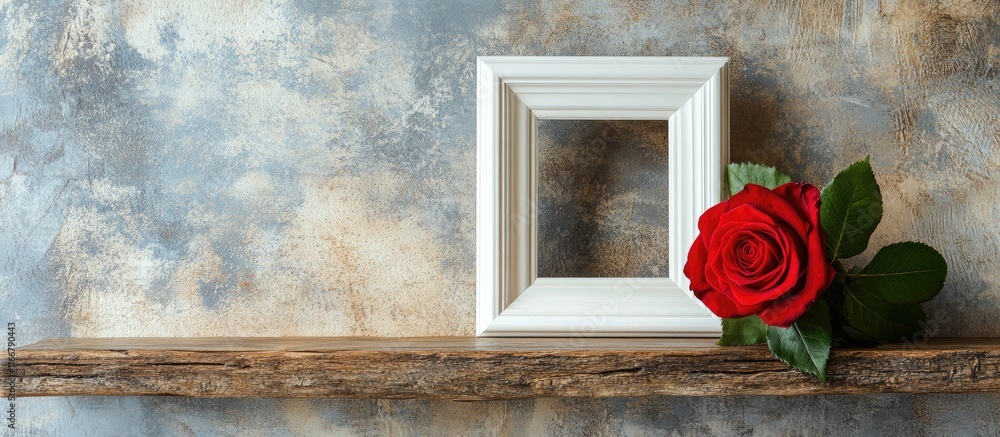 Poster elegant white photo frame with a red rose on a rustic wooden shelf against a textured wall creating 