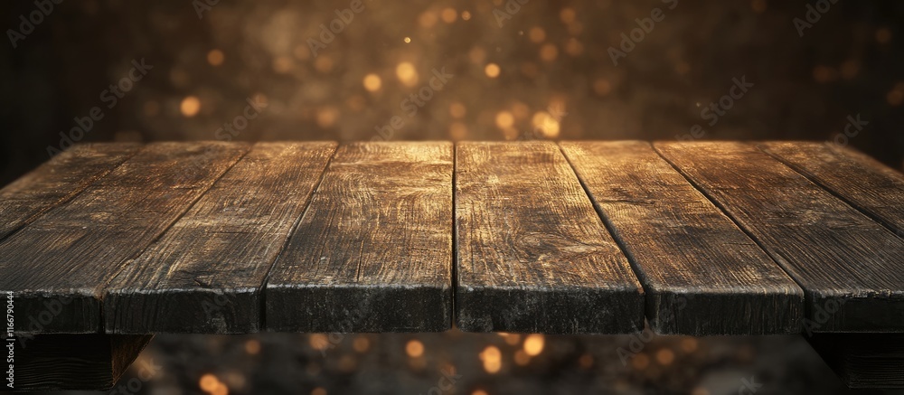 Poster brown wooden tabletop with bokeh background suitable for photomontages and product displays in creat