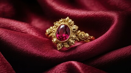 Elegant Gold Ring with Ruby Gemstone on Luxurious Red Satin Fabric