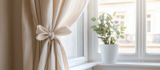 Elegant bow on soft linen curtains framing a bright window with potted plant enhancing stylish interior decor and natural light ambiance