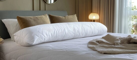 Cozy bedroom with elegant bolster pillow on neatly made bed showcasing warm textiles and inviting atmosphere for relaxation.