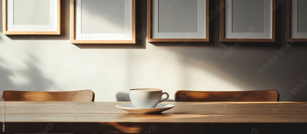 Poster modern office setting with coffee cup on wooden table next to empty picture frames creating an invit