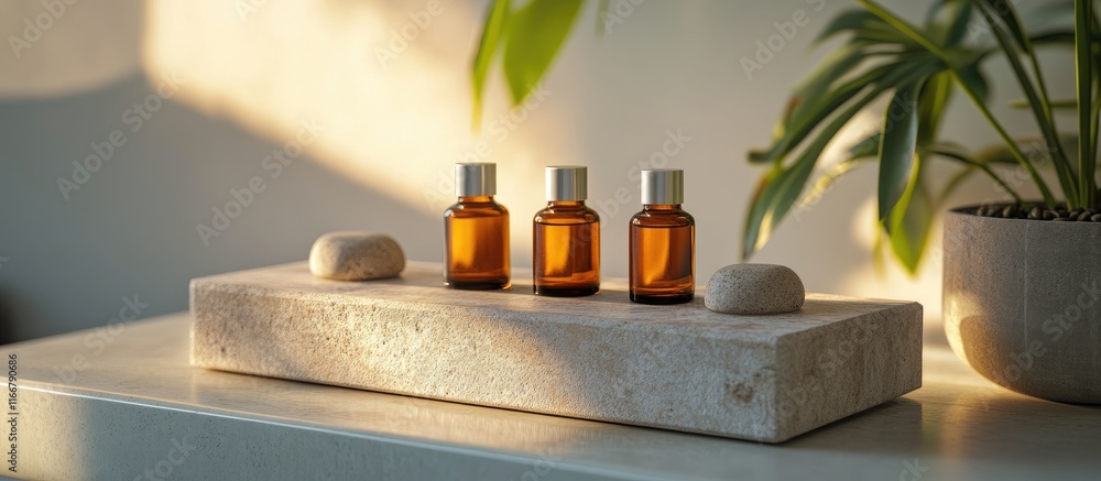 Poster elegant stone display for aroma bottles in a bright ambient setting enhancing fragrance experience a