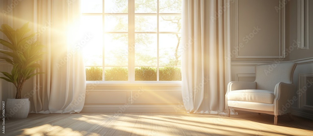 Aufkleber cozy lounge space bathed in soft sunlight through an empty wall window creating a serene and invitin