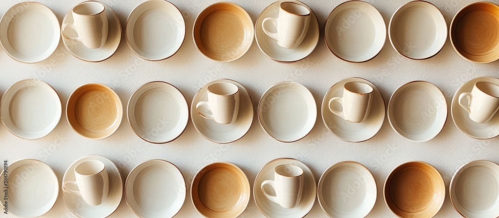 Poster artfully arranged empty coffee cups on a wall creating a warm inviting atmosphere perfect for a cozy