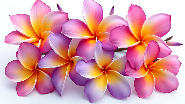 Fototapeta Pink and yellow frangipani plumeria flower isolated on white background, showcasing its tropical beauty and delicate petals, perfect for a spa or floral garden theme