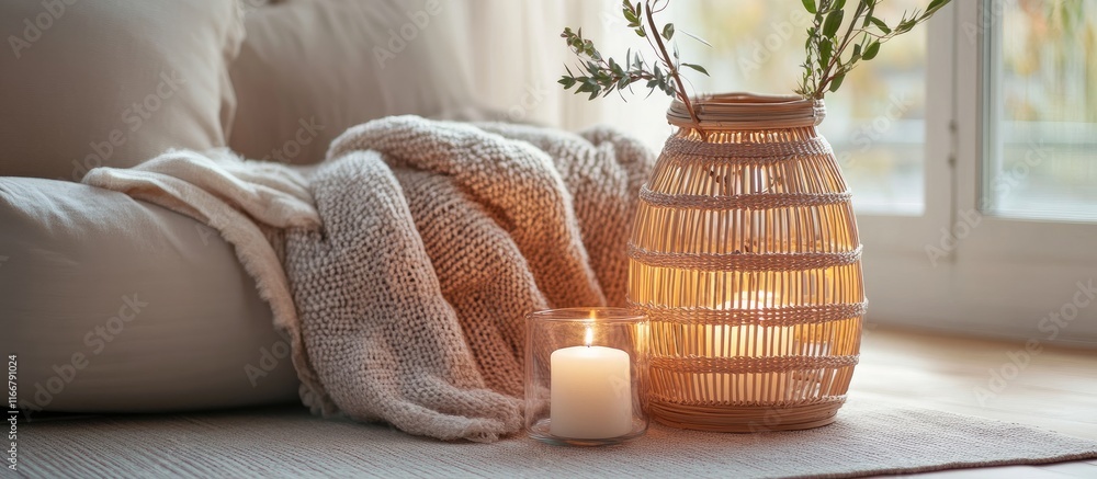 Poster cozy interior with elegant wicker lantern and candle creating a warm and inviting atmosphere in a se