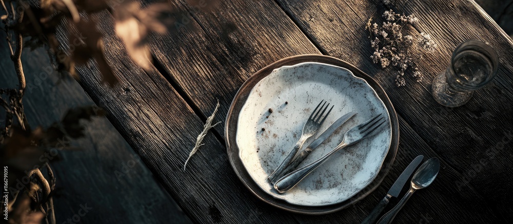 Aufkleber elegant silverware and an empty plate on a rustic wooden table ideal for sophisticated dining decor 