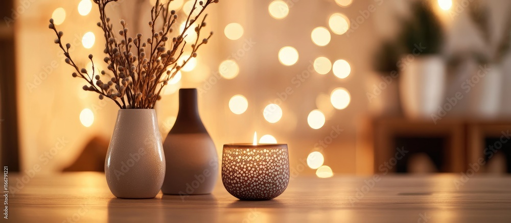 Poster elegant decorative tabletop display with candles and vases illuminated by soft bokeh lights creating