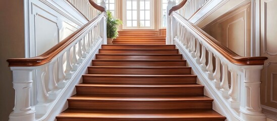 Fototapeta premium Classic wooden staircase with ornate hand railing showcasing luxury home interior design elegance and sophistication