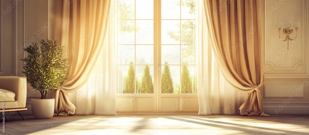 Poster sunlit window with elegant curtains creating a warm and inviting atmosphere in a beautifully decorat