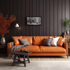 Orange Leather Sofa in Modern Living Room with Dark Wood Walls