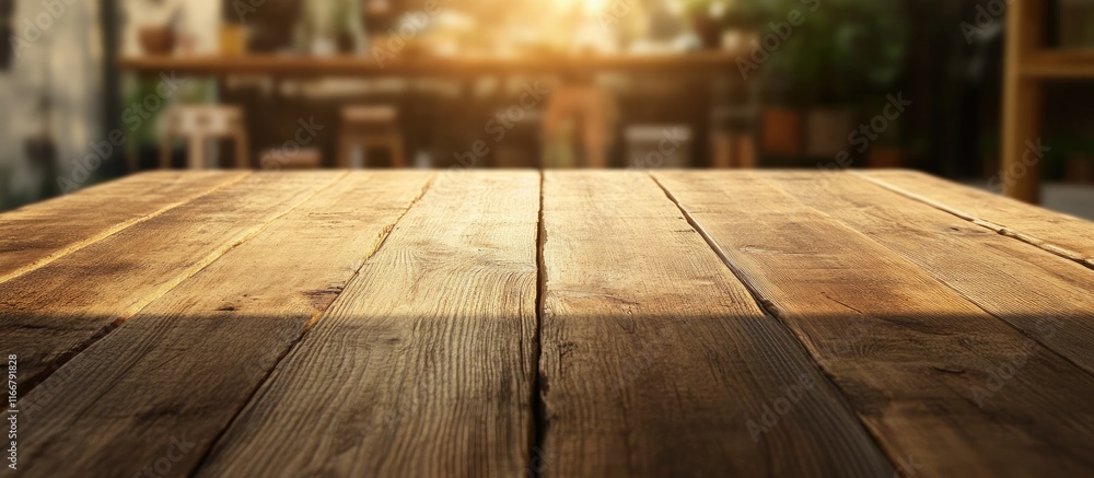 Poster empty rustic wooden table with soft bokeh background of a coffee shop perfect for product displays a