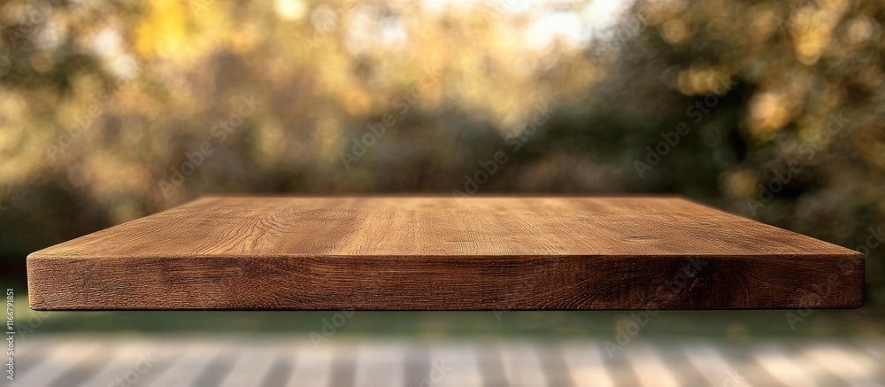 Poster brown wooden table in sharp focus with a blurred bokeh background perfect for showcasing products or