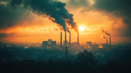 Dramatic Smog Over Polluted City Skyline at Sunset