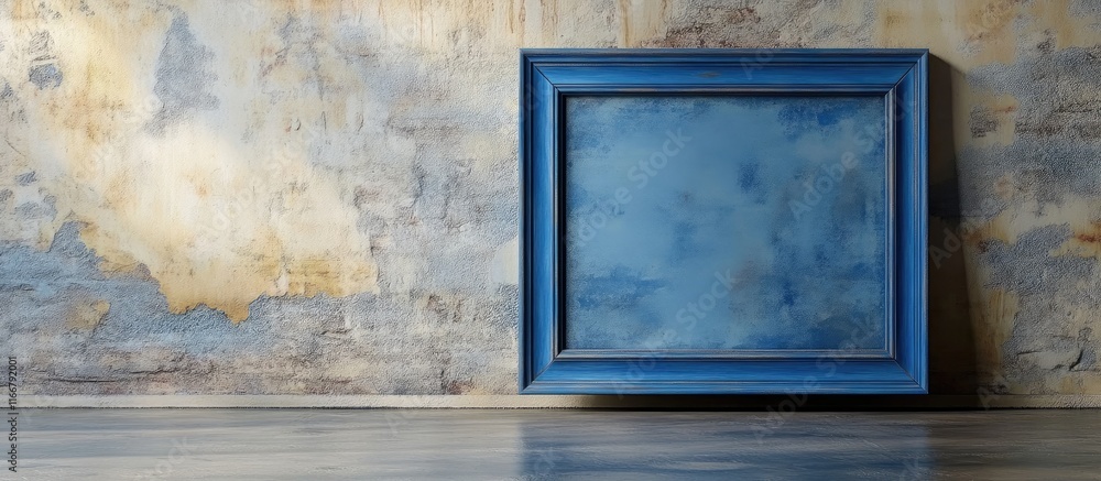 Poster empty blue photo frame resting on a textured wall perfect for displaying artwork or photography in a