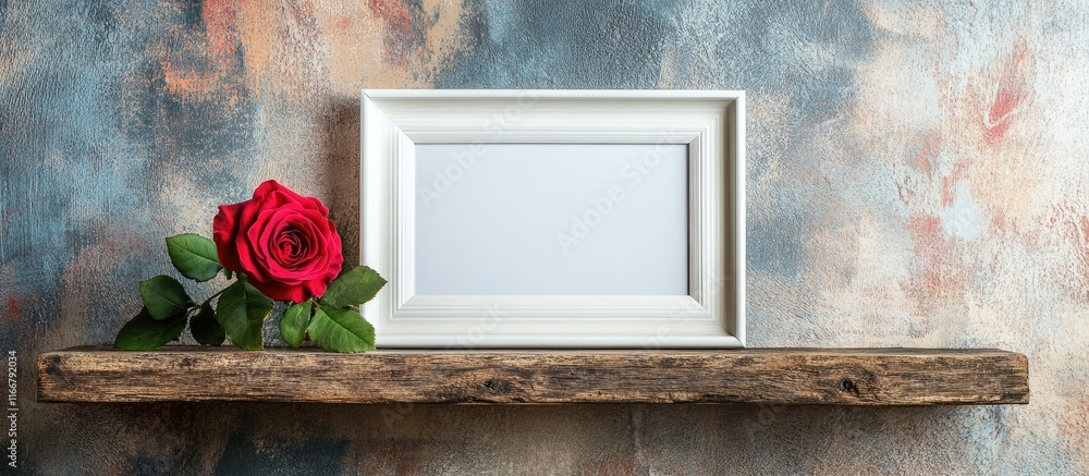 Aufkleber elegant white photo frame with a red rose on a rustic wooden shelf against a textured wall creating 