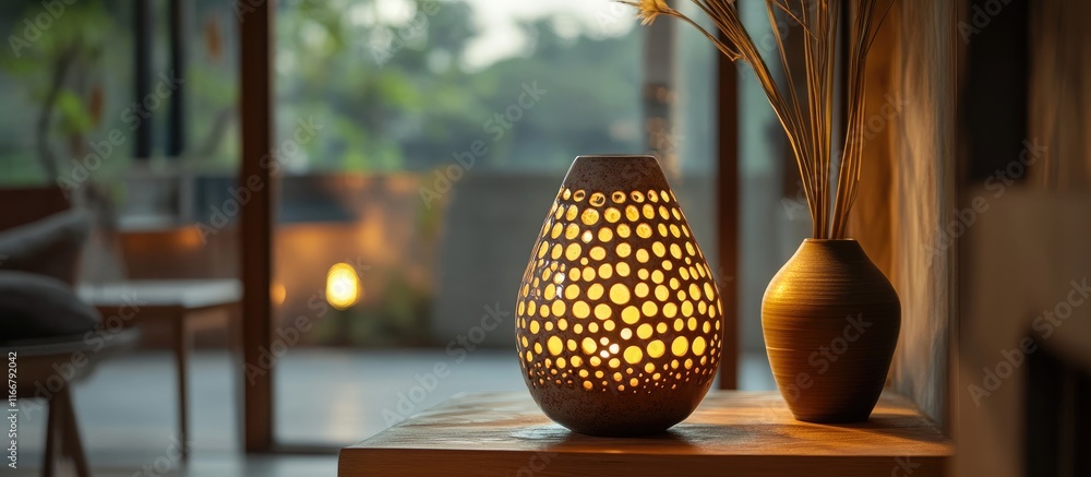 Poster ceramic table lamp with intricate design emitting warm glow for creating a cozy atmosphere in living