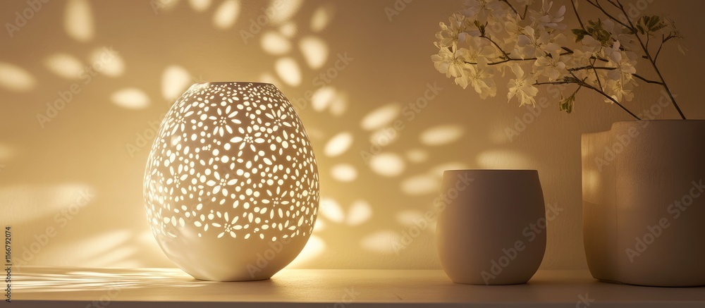 Poster elegant decorative table lamp casting intricate light patterns, perfect for enhancing modern home in