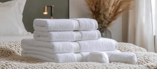 Premium white towels neatly stacked on a cozy bed contributing to contemporary home decor and inviting relaxation ambiance