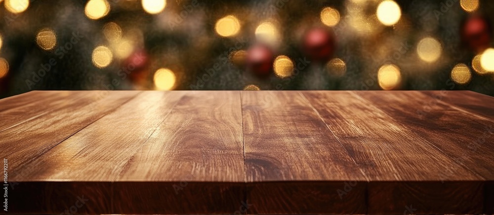 Poster brown wooden table with blurred bokeh lights background perfect for photomontage product display and