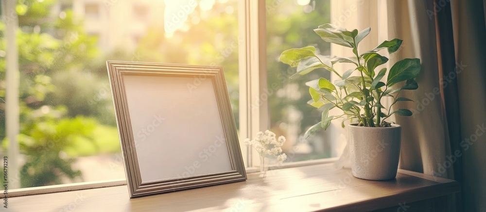 Poster elegant empty photo frame beside a sunlit window with greenery perfect for mockup presentations and 