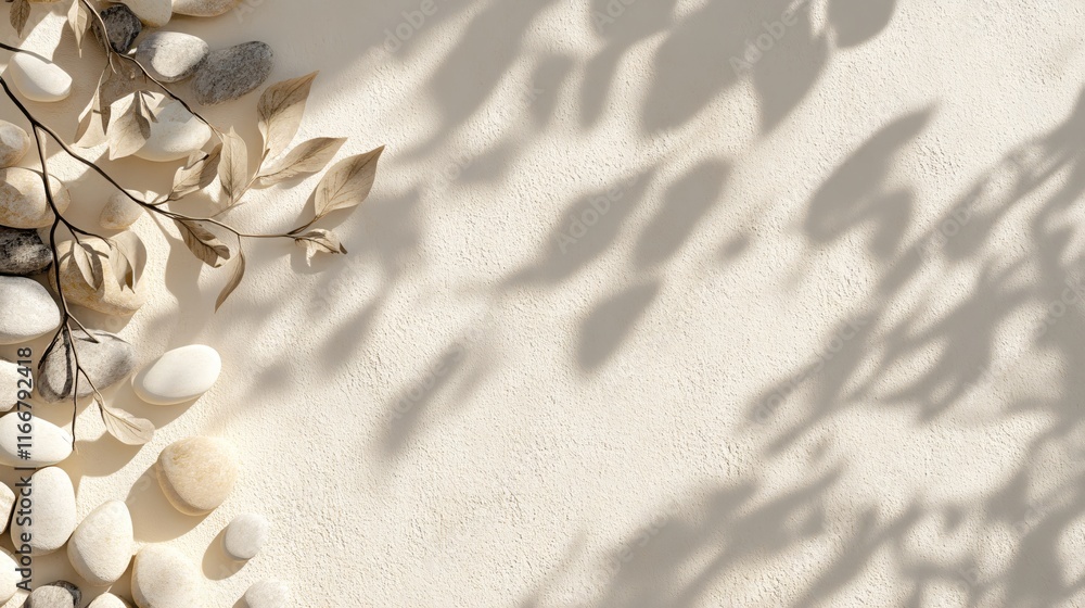 Poster tranquil composition of natural elements on soft background with shadows and textures