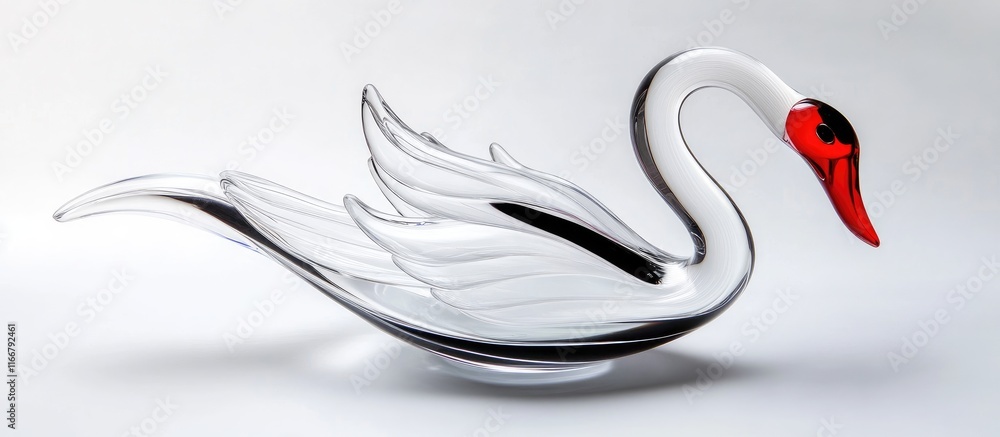 Poster elegant glass swan sculpture featuring a vivid red beak displayed on a pristine white background hig