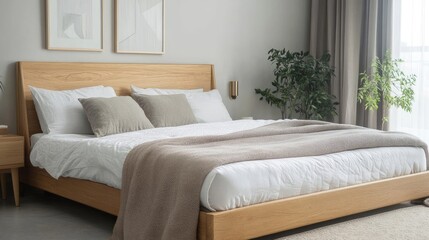 Fototapeta premium Empty Wooden Frame Above Cozy Bed in Minimalist Modern Bedroom Interior Design with Natural Light and Warm Tones