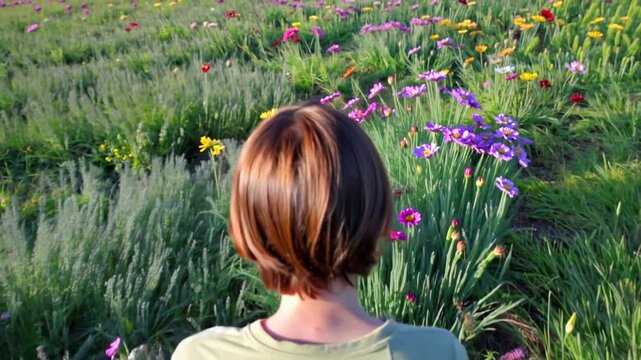 Enfant observant un champ de fleurs sauvages au printemps