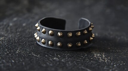 Black Leather Bracelet with Brass Studs on Dark Background