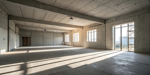 Empty abandoned building room with window and door, long corridor and clean concrete floor