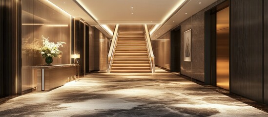 Luxury hotel corridor design with plush carpets and elegant marble staircase showcasing opulence and refined accommodations for discerning guests