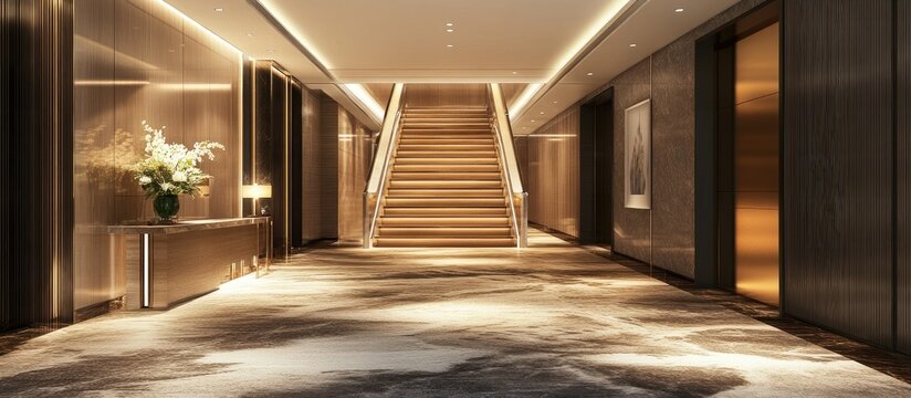 Luxury hotel corridor design with plush carpets and elegant marble staircase showcasing opulence and refined accommodations for discerning guests
